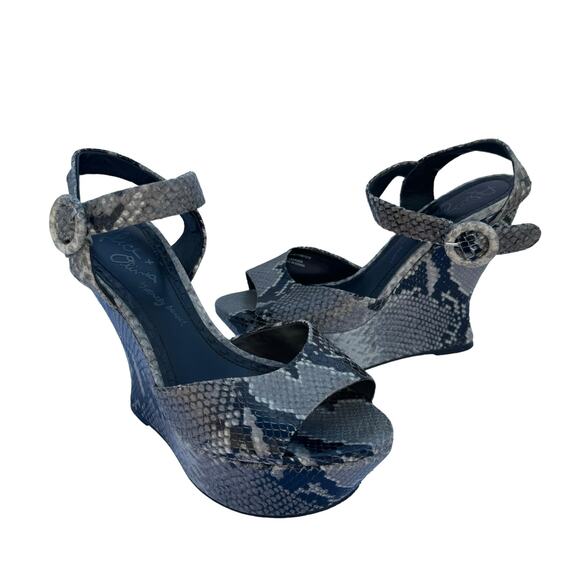 Alice + Olivia Jana Gray Black Snake Skin Leather Open Toe Wedge Sandals Size 39 - Picture 4 of 11